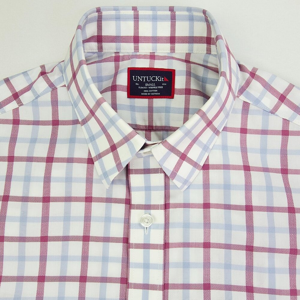 Untuckit Slim Fit Wrinkle Free White Blue Burgundy Check Mens Size Small Shirt